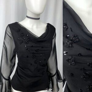 Vintage Y2K whimsigoth black embellished cowl neck flounce sleeve blouse medium